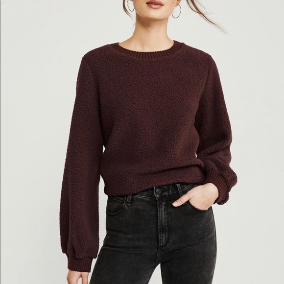Abercrombie & Fitch Tops - A&F Women's Maroon Crewneck Cropped Sherpa Balloon Sleeve Sweatshirt, Medium